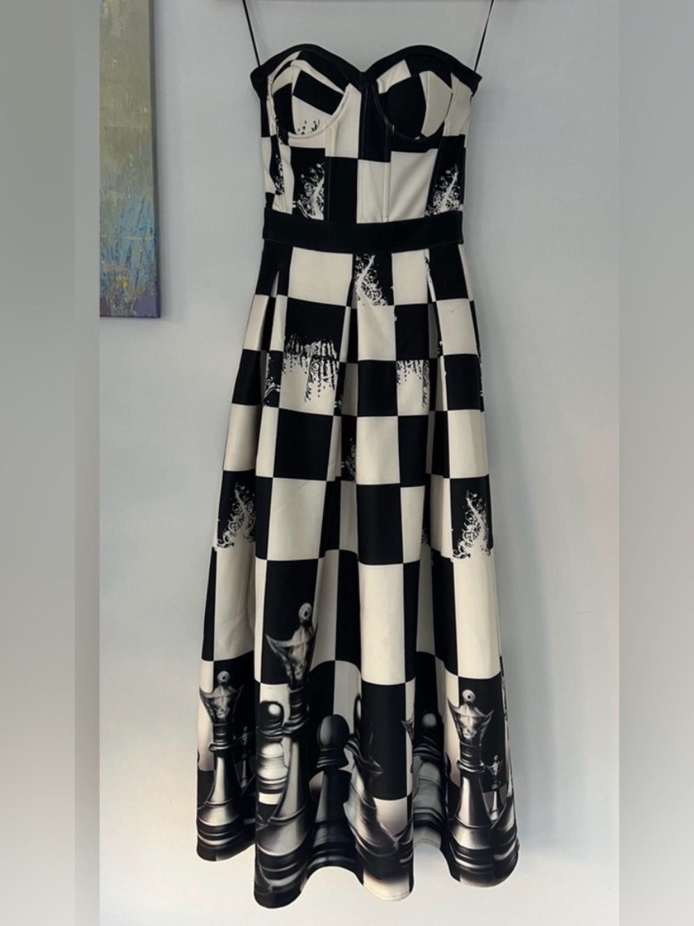 Strapless Black and White Checkerboard Maxi Dress